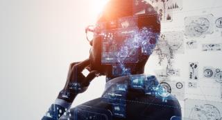 man contemplating data