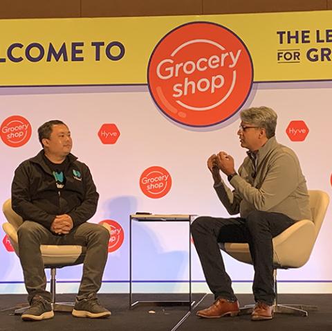 Larry Liu (left), Weee co-founder and CEO, is interviewed by Vishwa Chandra, McKinsey & Company partner, at Groceryshop 2021.