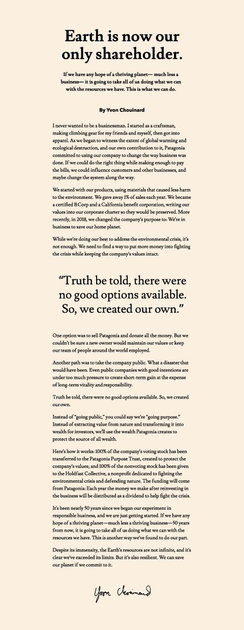 Patagonia founder writes letter